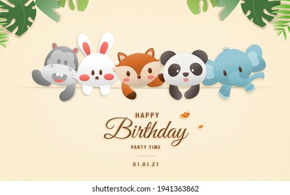 Cartoon happy birthday animals card. Greeting cards with cute safari or jungle animals party in the tropical forest. Template invitation paper art style vector illustration.