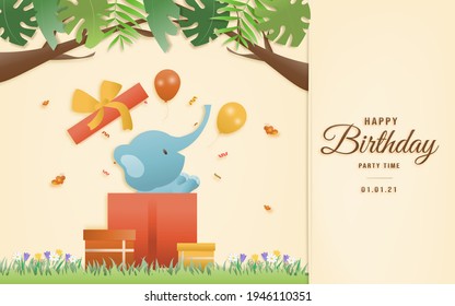 Cartoon happy birthday animals card. Greeting cards with cute safari or jungle animals in gift box party in the tropical forest. Template invitation papercraft style vector illustration.