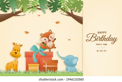 Cartoon happy birthday animals card. Greeting cards with cute safari or jungle animals with gift box party in the tropical forest. Template invitation papercraft style vector illustration.