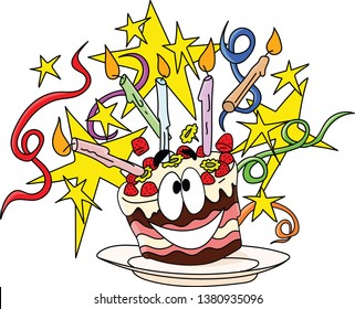 Cartoon happy birthday cake decorated with candles stars and ribbons vector illustration