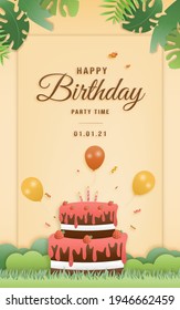 Cartoon happy birthday card with cake. Greeting cards with cute safari or jungle animals party in the tropical forest. Template invitation papercraft style vector illustration.