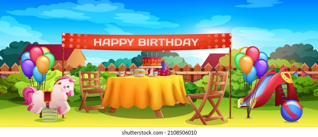 Cartoon Happy Birthday children party with holiday decoration on backyard. Festive table with cake and candles. Kids celebration on grass lawn with slide, pink rocking horse and balloons bunches.