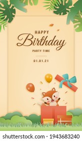 Cartoon happy birthday fox card with gift box. Greeting cards with cute safari or jungle animals party in the tropical forest. Template invitation paper art style vector illustration.	