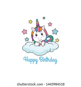 Cartoon Happy Birthday Magical Unicorn illustration Invitation Greeting Card with fun and cute look pastel color