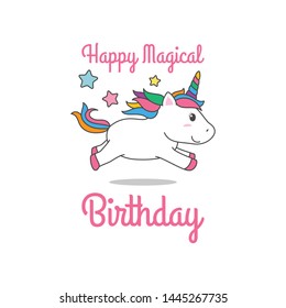 Cartoon Happy Birthday Magical Unicorn illustration Invitation Greeting Card with fun and cute look pastel color
