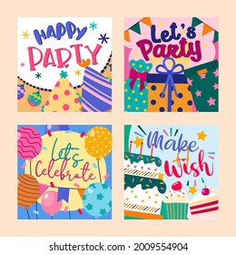 Cartoon Happy Birthday party background and backdrop. Design template of colorful balloons, flag, gift box and confetti shooter for poster, invitation Celebration Cartoon vector illustration