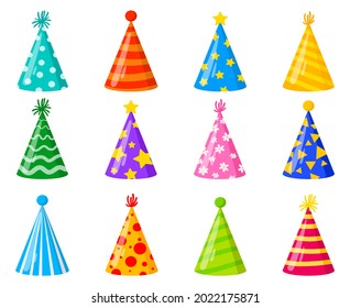 Cartoon Happy Birthday party celebration cone decorated hats. Birthday party funny colorful hats vector illustration set. Carnival holiday paper cone hats with stars, flowers, stripes and spots