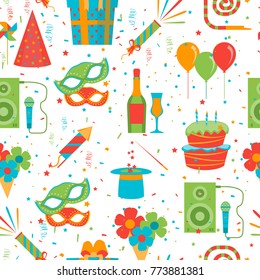 Cartoon Happy Birthday Party Seamless Pattern Background on a White Celebration Fun Holiday Element Flat Style Design. Vector illustration