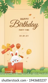 Cartoon happy birthday rabbit card with gift box. Greeting cards with cute safari or jungle animals party in the tropical forest. Template invitation paper art style vector illustration.	