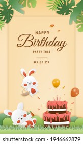 Cartoon happy birthday rabbit card with cake. Greeting cards with cute safari or jungle animals party in the tropical forest. Template invitation papercraft style vector illustration.	