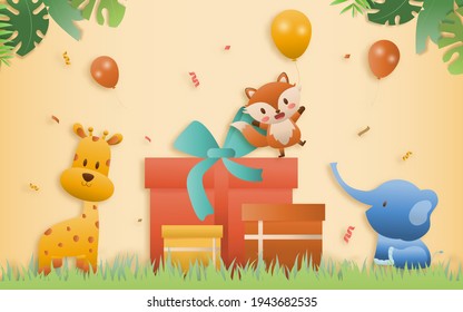 Cartoon happy birthday three animal cards with gift boxes. Greeting cards with cute safari or jungle animals party in the tropical forest. Template invitation paper art style vector illustration.