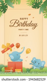 Cartoon happy birthday two elephant card with gift box. Greeting cards with cute safari or jungle animals party in the tropical forest. Template invitation paper art style vector illustration.	