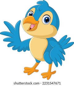 Cartoon happy blue bird waving hand