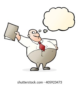 cartoon happy boss with file with thought bubble