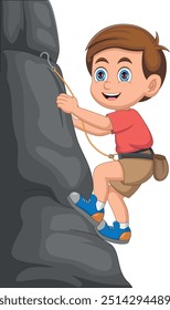 Cartoon happy boy climbing rock