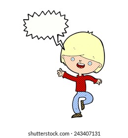 cartoon happy boy dancing with speech bubble