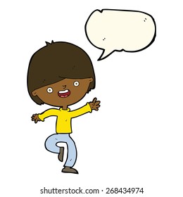 niño feliz de caricatura bailando con burbuja de habla