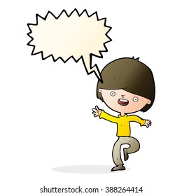 niño feliz de caricatura bailando con burbuja de habla
