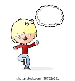 cartoon happy boy dancing with thought bubble