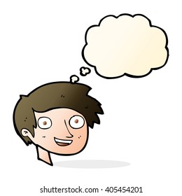 cartoon happy boy face with thought bubble