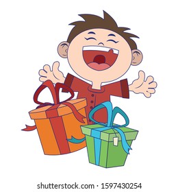 cartoon happy boy with gift boxes icon over white background, colorful design, vector illustration