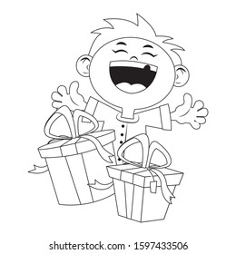 cartoon happy boy with gift boxes icon over white background, flat design, vector illustration