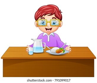 Cartoon happy boy in glasses eating on dining table