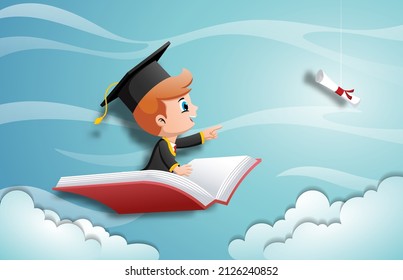 
Cartoon Of Happy Boy In Graduation Uniform Flying On Big Open Book Chasing Diploma