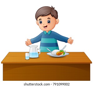 Cartoon happy boy and healthy food on dining table
