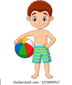 Cartoon happy boy holding beach ball