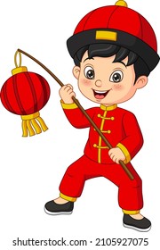 Cartoon Happy Boy Holding Chinese Lantern