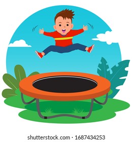 cartoon happy boy jumping on trampoline