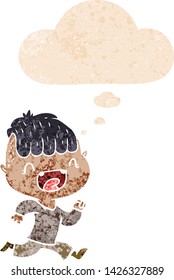 cartoon happy boy laughing and running away with thought bubble in grunge distressed retro textured style