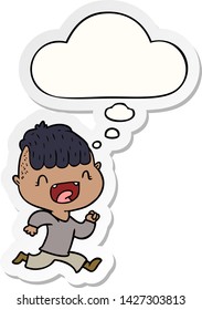 cartoon happy boy laughing and running away with thought bubble as a printed sticker