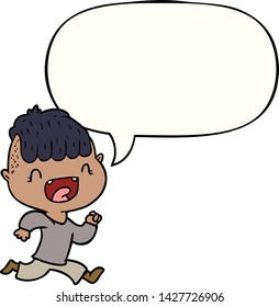 cartoon happy boy laughing and running away with speech bubble