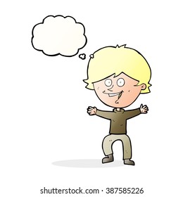 cartoon happy boy laughing with thought bubble
