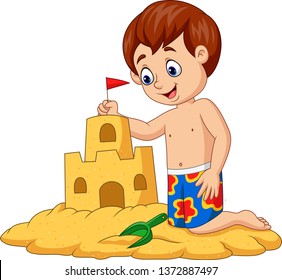 Cartoon happy boy making sand castle