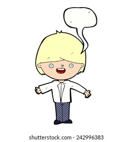 cartoon happy boy with open arms with speech bubble
