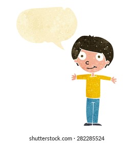 cartoon happy boy with open arms with speech bubble