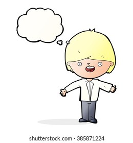 cartoon happy boy with open arms with thought bubble
