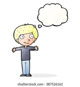 cartoon happy boy with open arms with thought bubble