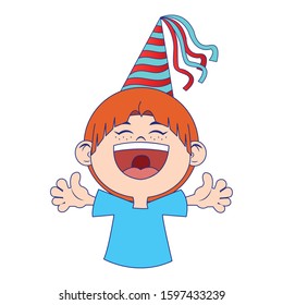 cartoon happy boy with party hat icon over white background, vector illustration
