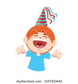 cartoon happy boy with party hat icon over white background, colorful design, vector illustration
