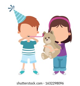 cartoon happy boy with party hat and girl with teddy bear over white background, vector illustration