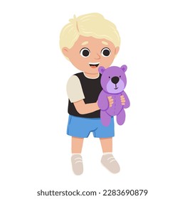 Cartoon happy boy playing with bear and smiling. Cute vector illustration isolated on white background.