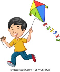 Cartoon happy boy playing kite