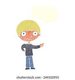 cartoon happy boy pointing with speech bubble