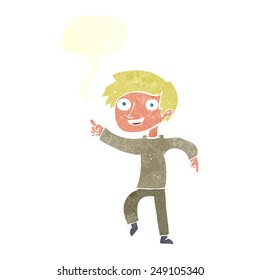 cartoon happy boy pointing with speech bubble