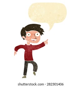 cartoon happy boy pointing with speech bubble