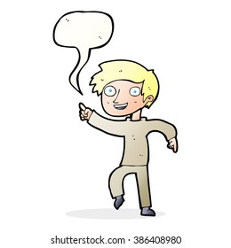 niño feliz de caricatura apuntando con burbuja de habla